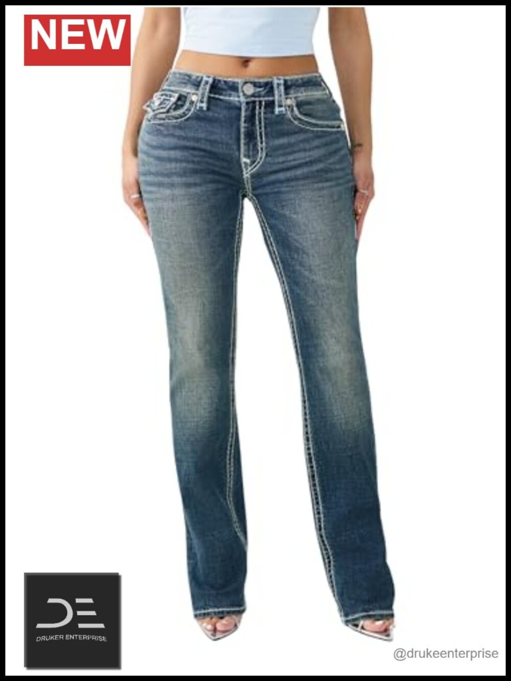 Women's Mid Rise Straight Leg Stretch Denim Jeans with Flap Pockets
